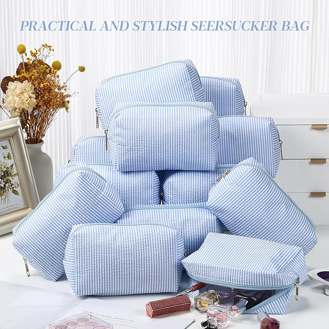 Sanwuta 12 Pcs Seersucker Cosmetic Bags Bulk Seersucker Makeup Bags Stripe Women Pouch Large Preppy Storage Pouch Toiletry Travel Organizer for Wedding Bridesmaid Bride Favor Mom Gift (Light Blue)