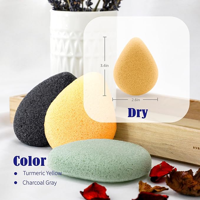 myHomeBody Natural Konjac Facial Sponges – Teardrop Shape - for Gentle Face Cleansing and Exfoliation - with Activated Charcoal and Turmeric Yellow, Set of 4