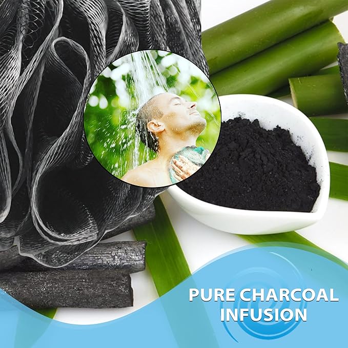 SHOWER BOUQUET Loofah-Charcoal Bath-Sponge XL-Color-4-Pack // Extra Large 75g Soft Mesh Black Luffa Loofa Loufa Puff Set/Exfoliating Body Scrubber for Women and Men - Exfoliate & Soothe Face & Body