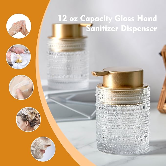 12 Oz Glass Soap Dispenser with Gold Pump, Clear Refillable Liquid Hand Soap Bottles for Bathroom, Cute Decorative Lotion Container for Dish Soap, Hand Soap