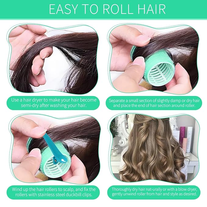 Hair Rollers, 12 Pack Self Grip Salon Hairdressing Curlers, DIY Curly Hairstyle, Large Rollers 1.57In Green