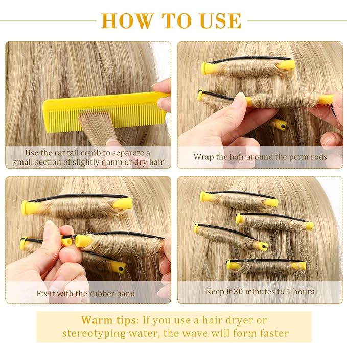 Chuangdi 24 Pcs Hair Perm Rods Plastic Cold Wave Perming Curlers Hair Rollers with Steel Pintail Comb Rat Tail Comb Tools for Hairdressing Styling(Yellow,0.28 Inches)