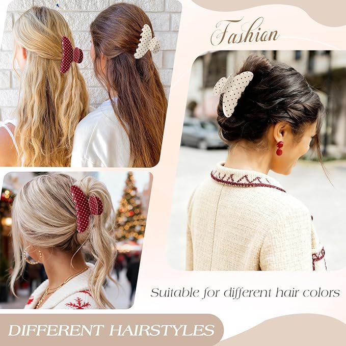 2 Pack Medium Hair Clips for Women, Strong Hold Recycled Plastic Claw Clips for Thick Hair Polka Dot | Great for Updo Half Up Hairstyle | Ideal Gifts for Women - Red and Beige Holiday Gift