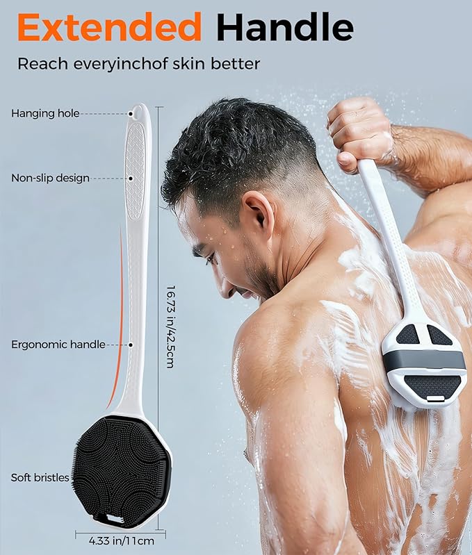 Silicone Body Scrubber with Long Handle, 2 Pack Soft Bristles Lathers Easily for Gentle Exfoliating & Deep Clean, Rich Foam, Durable Back Bath Brush (Black + Pink)