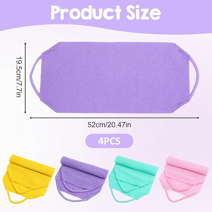 4PCS Exfoliating Back Scrubber with Handles, Double-Sided Nylon Exfoliating Washcloth Extended Length Exfoliator Stretchy Pull Strap Back Washer Body Exfoliatin Washcloth for Women Men