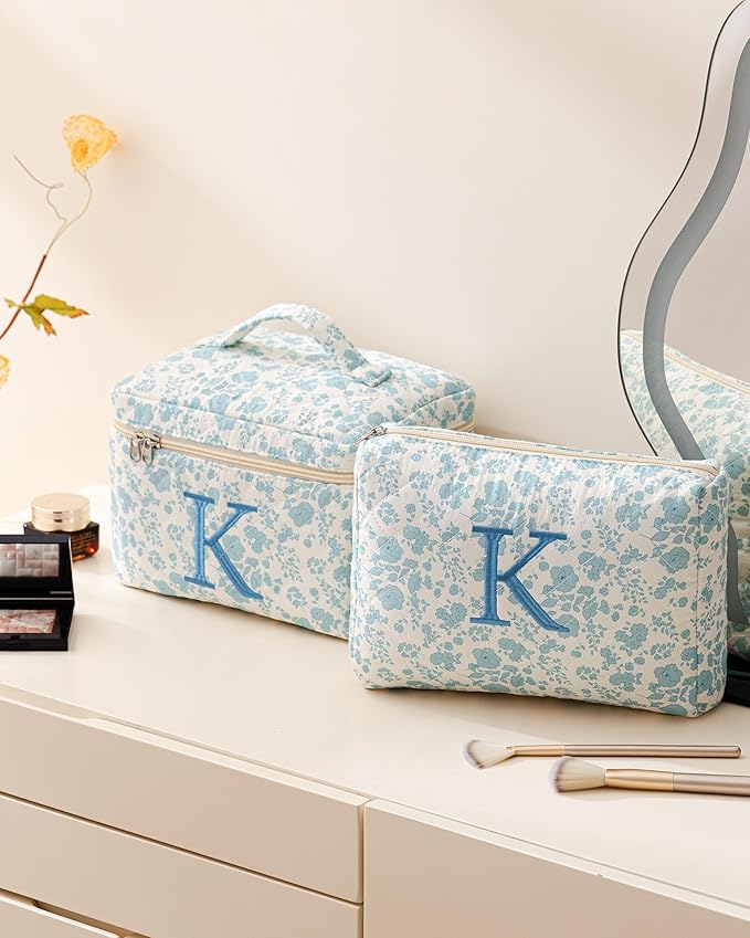 HBselect 2Pcs Initial Quilted Cotton Large Travel Cute Floral Coquette Makeup Cosmetic Toiletry Bag for Women Girls