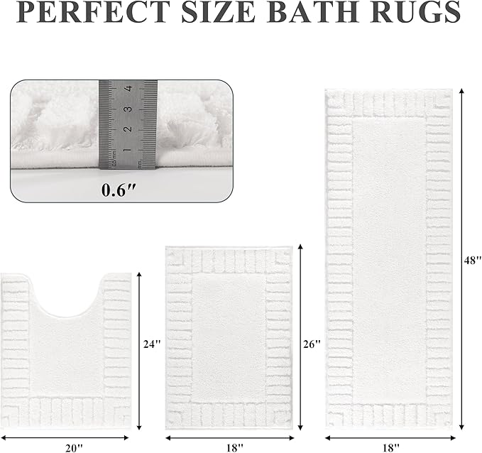 Pauwer Bathroom Rugs Sets 3 Piece Bathroom Shower Rugs with U-Shaped Contour Toilet Mat Absorbent Microfiber Plush Bath Mats Non Slip Bath Rug Machine Washable Shaggy Bath Mat Set, White