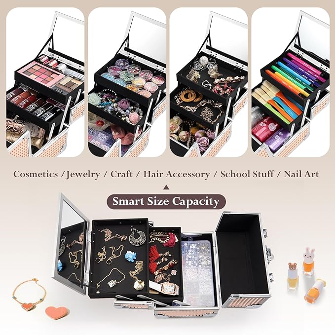 FRENESSA Makeup Case Train Case Portable Makeup Box with Mirror Lock Box Travel Cosmetic Train Cases Hard Makeup Organizer for Nail Craft Storage Vanity for Girl Rose Gold