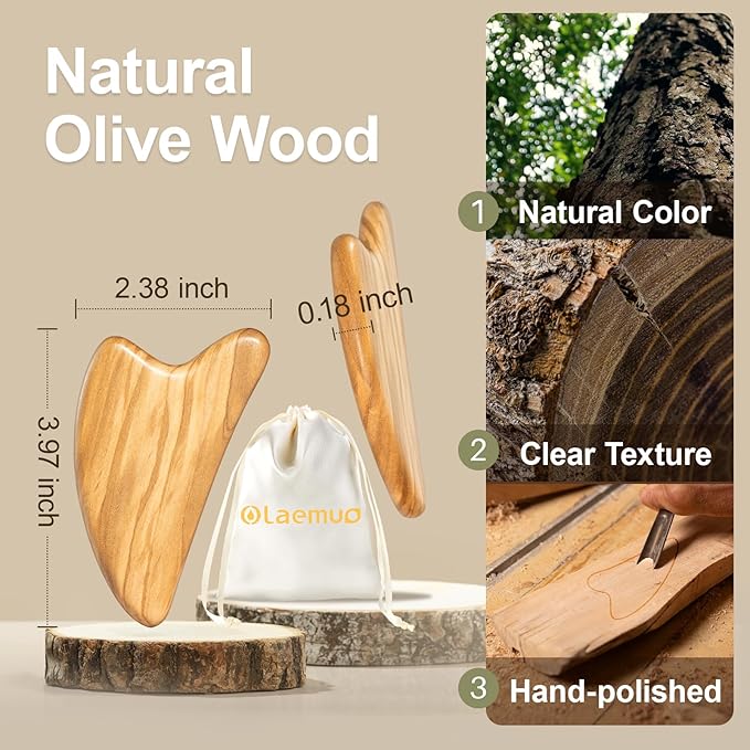 Gua Sha Tool for Face & Body - Natural Olive Wooden Lymphatic Drainage Massager, Facial Massage Tool for Jawline Sculpting & Puffiness Reducing, Skin Care Gift with Satin Pouch