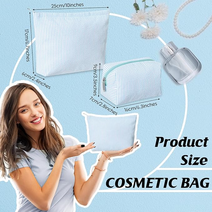 2 Pcs Makeup Bag Set Cute Cosmetic Pouch for Women Seersucker Travel Toiletry Bag Preppy Small Makeup Purse Pouch Aesthetic Skincare Brushes Storage Organizer for Valentine Women(Light Blue)