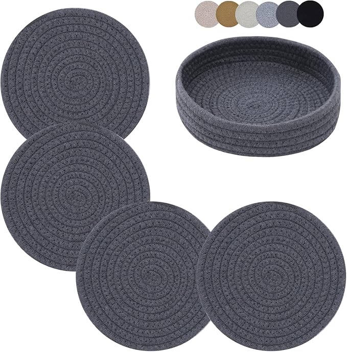 Coga Trivets for Dishes, Pots and Pans, 7 Inch Hot Pads (4 Pcs) with Storage Basket for Countertops, Cotton Table Protector Hot Mats Heat Resistant (Grey)