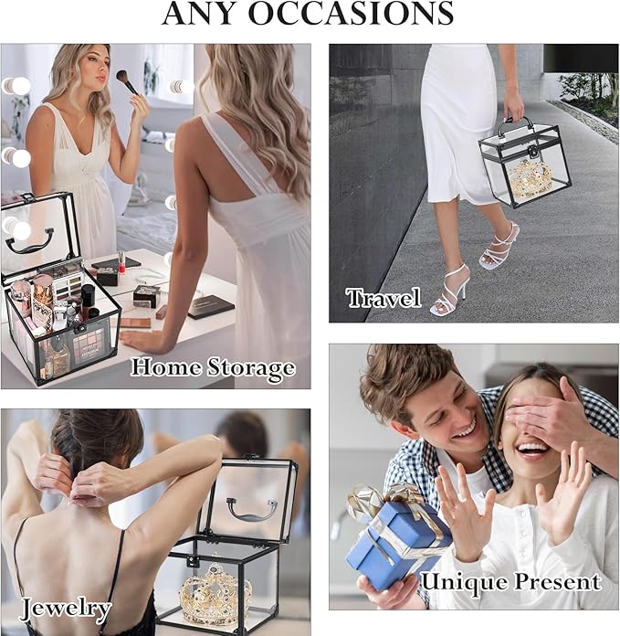 FRENESSA Portable Makeup Case Clear Crown Box Cosmetics Display Case Toiletry Organizer Box Transparent Acrylic Artists Train Case Travel Makeup Tools Storage for Vanity Bathroom Counter Dresser Case