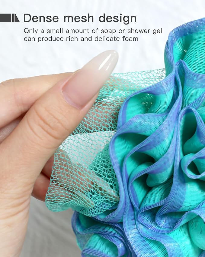 Loofah Sponge 70g, 6.3 Inch Large Exfoliating Bath Sponge, Soft Durable PE Mesh with Reinforced Knotting, Rich Lather Bath Scrubber for Body, for Travel or as a Holiday Gift (4Pack, Green-Blue)