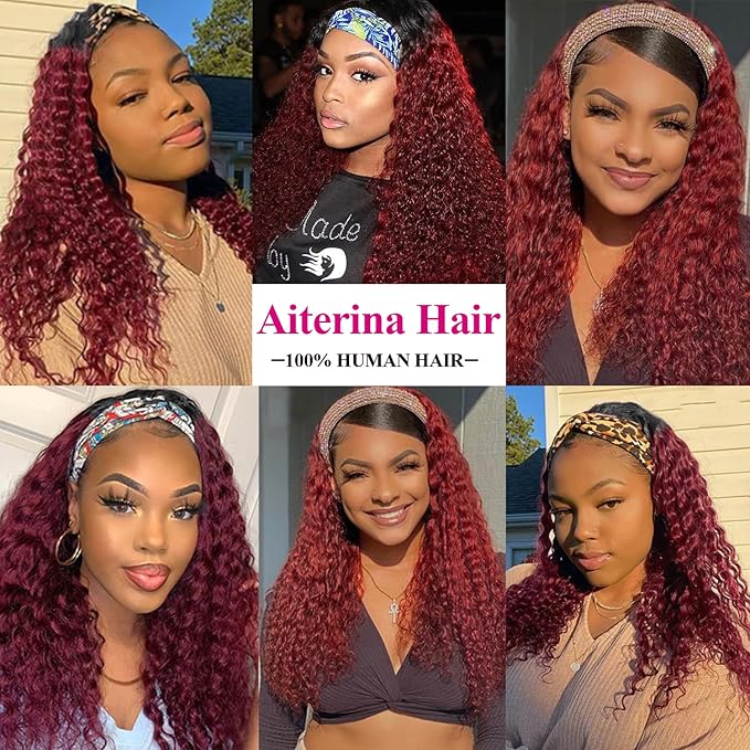 Aiterina Headband Wig deep wave human hair wigs for Black Women Brazilian Remy Hair Glueless Non Lace Front Wig 150% Density (12 inch, 1B/99J)
