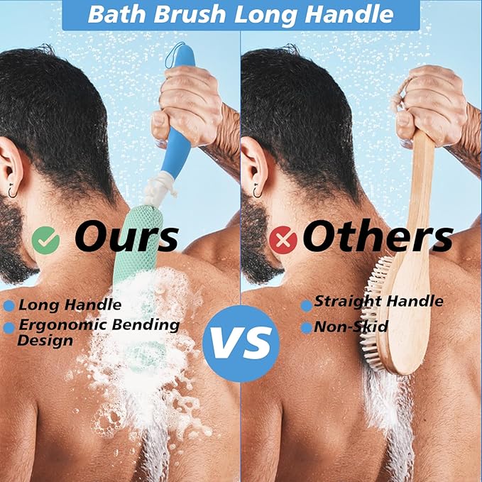 Shower Body Brush Skin Exfoliating Curved Back Scrub Brush Massage Bath Brush Extra Large Curved Handle European and American Hand-Shaped Removable Bold Long Handle Back Washer (Black-White)
