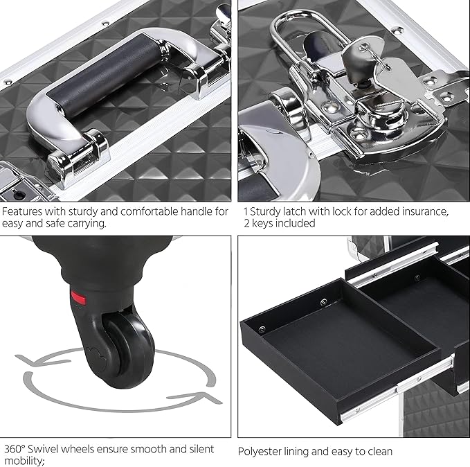 Yaheetech Rolling Makeup Train Case Aluminum Cosmetic Case with Wheels Barber Case Salon Lockable Travel Trolley with Sliding Drawers Removable Divider, Black/Silver