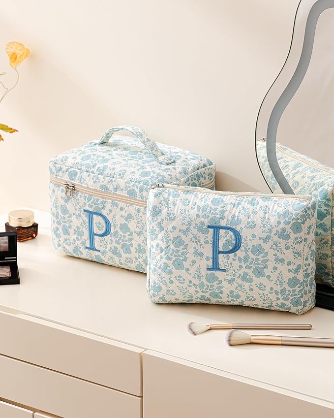 HBselect 2Pcs Quilted Cotton Large Travel Coquette Floral Makeup Bag - Cosmetic & Toiletry Bag for Women & Girls