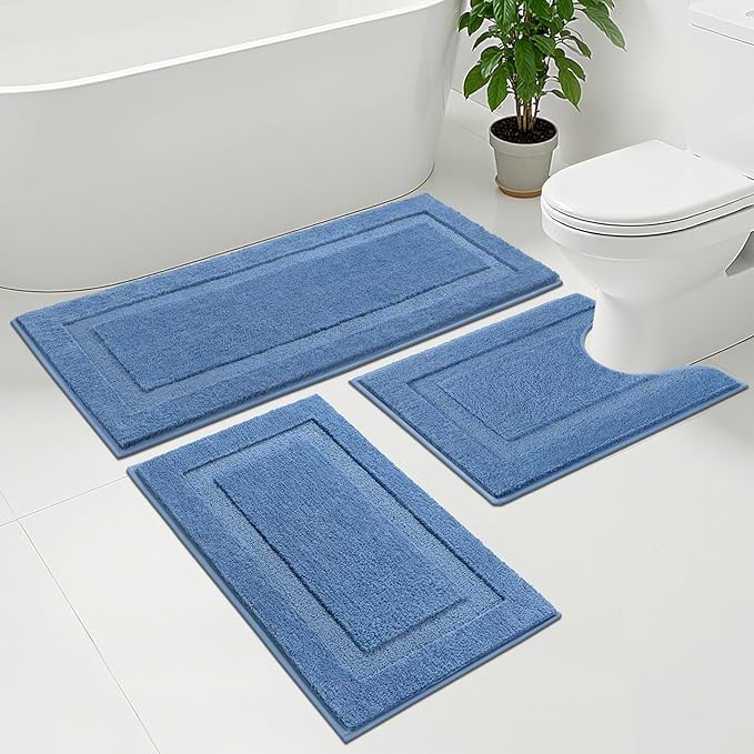 SHACOS Blue Bathroom Rugs Sets 3 Piece, 20"x47"+20"x32" Non Slip Bath Mat and 20"x24" Toilet Rugs U Shaped Washable, Soft Fluffy Water Absorbent Bathroom Floor Mat