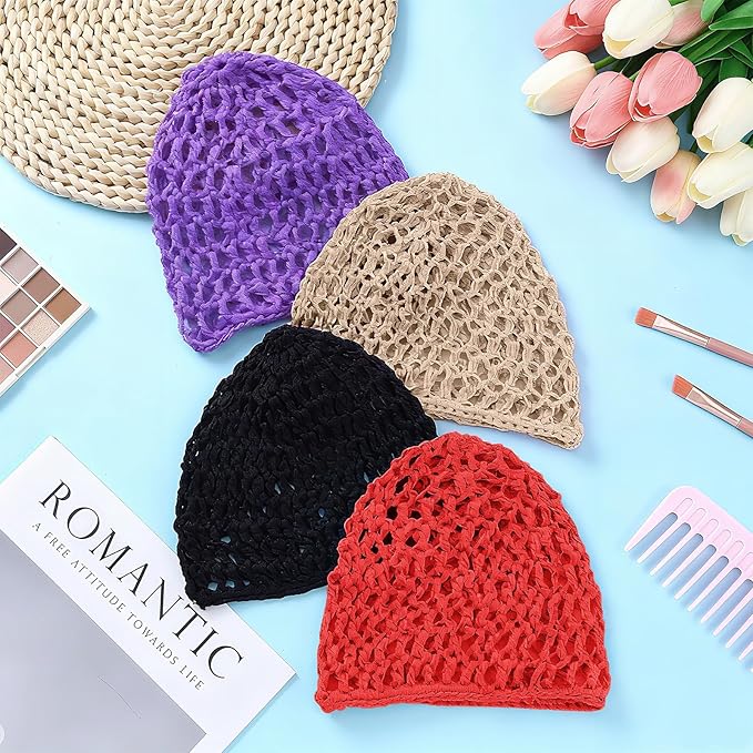 Geyoga 4 Pieces Mesh Crochet Hair Net Rayon Knit Snood Hat Thick Short Women Hairnet Snoods Cover Ornament for Sleeping (Black, Red, Skin, Purple)