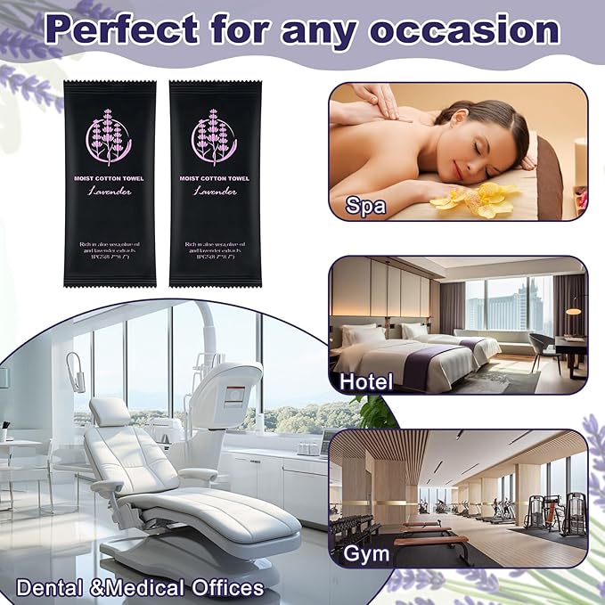 Moist Cotton Towel Bulk Moist Towelettes Individually Wrapped,White Towel Services,Refreshment Pre Moistened Towels for Dentist Travel Sport Party Hotel （Lavender,200)