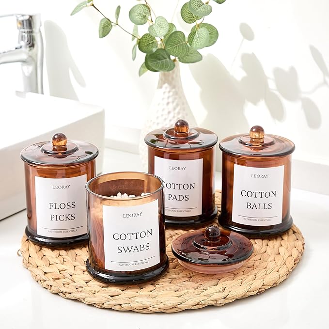 LEORAY 4 Pack Glass Qtip Holder Dispenser with Lids, Airtight Waterproof, 16 Oz Vanity Organizer Bathroom Canisters for Cotton Swabs, Balls, Pads, Floss Picks, Restroom Kitchen Storage Jars, Amber