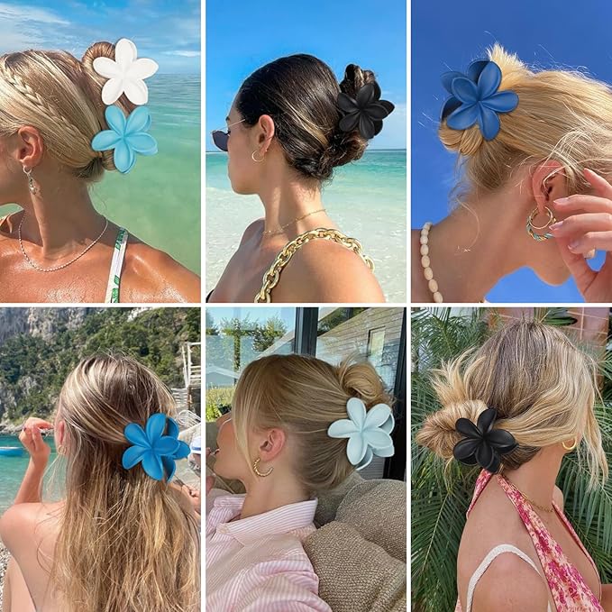 Flower Hair Clips 6 PCS Hawaiian Claw Clips for Vacation Hibiscus Hair Claw Cute Large Hair Clips for Thick and Thin Hair Plumeria Hair Accessories for Women Girls -Blue