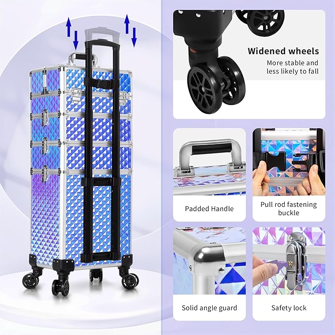 AROUS Rolling Makeup Train Case 4 in 1 Cosmetology Case on Wheels Large Storage Cosmetic Trolley with Key Salon Barber Case Traveling Cart Trunk, Colorful