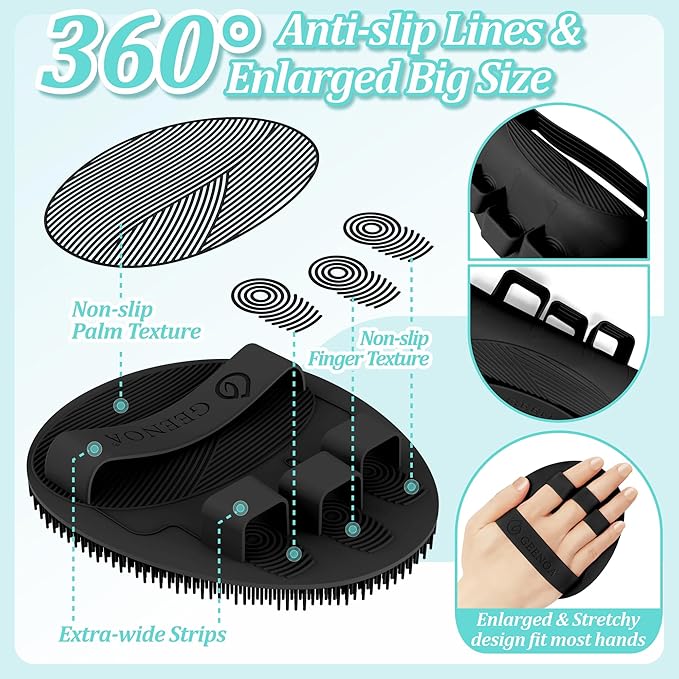 Silicone Bath Gloves 2PCS, 360° Anti-Slip & Enlarged Silicone Body Scrubber for Rich Foaming Deep Cleaning, Revolutionary No-Grip & Hand-fit Shower Scrubber for All Skin Types.(Blackx2)