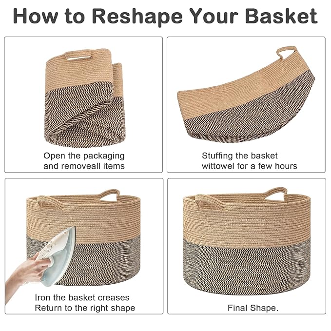 65L Large Blanket Basket,19.7" L x 19.7" W x 13" H Rope Woven Baskets with Handles, Toys Storage Bins,Laundry Basket Perfect for Living Room, Nursery,Bedroom,Home Organization,Black