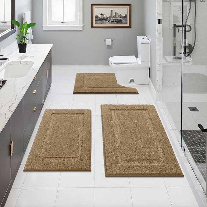 SHACOS Soft Fluffy Bathroom Rugs Set of 3 Pieces Bath Mats with U Shape Toilet Rugs Non Slip Washable Bath Rugs Absorbent Bathroom Accessories Carpet for Shower Tub, Khaki