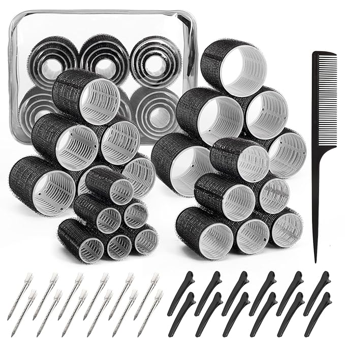 4 Sizes Hair Rollers for Women Set - 50 Pcs Hair Curler Rollers with Clips, Self Grip Hair Rollers for Long, Short Hair and Bangs, 25mm, 36mm, 48mm, 60mm, Black
