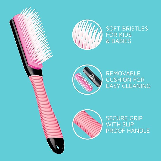 KISS Colors & Care Kids Adjustable Mini Detangling Non-Slip Brush - Pink, Gentle, Smooth & Sleek, Knot-Free Results, Less Breakage, Flexible & Perfect For All Hair Types & Little Ones