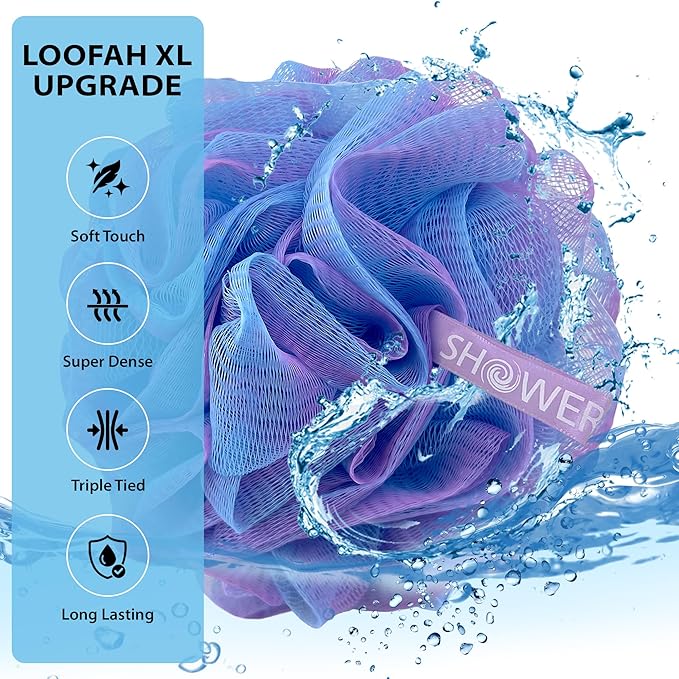 SHOWER BOUQUET Loofah Bath-Sponge XL Swirl-Deep-4-Pack // Extra Large 75g Soft Mesh Net Luffa Loofa Loufa Lufa Puff Set/Exfoliating Body Scrubber for Women and Men - Exfoliate & Soothe Face & Body
