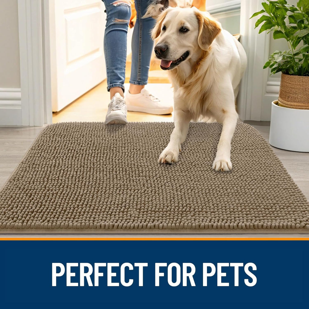 OLANLY Dog Door Mat for Muddy Paws 59x20, Absorbs Moisture and Dirt, Absorbent Non-Slip Washable Doormat, Quick Dry Chenille Mud Mat for Dogs, Entry Indoor Entryway Carpet for Inside Floor, Tan