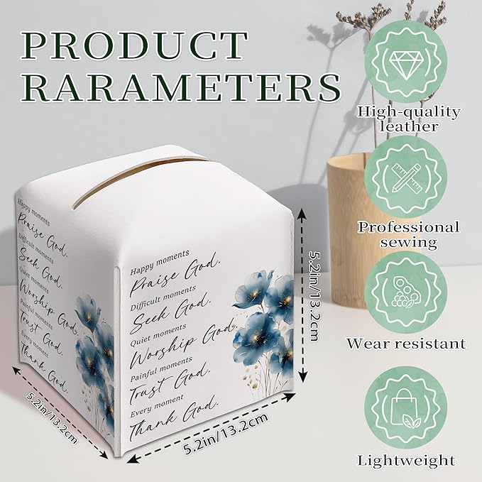 Christian Bible Verses Tissue Box Cover Square, Thank God Waterproof Leather Tissue Box Holder, Blue Flower Stylish Paper Facial Tissue Box Covers Cube for Office Bathroom Home Prayer Room