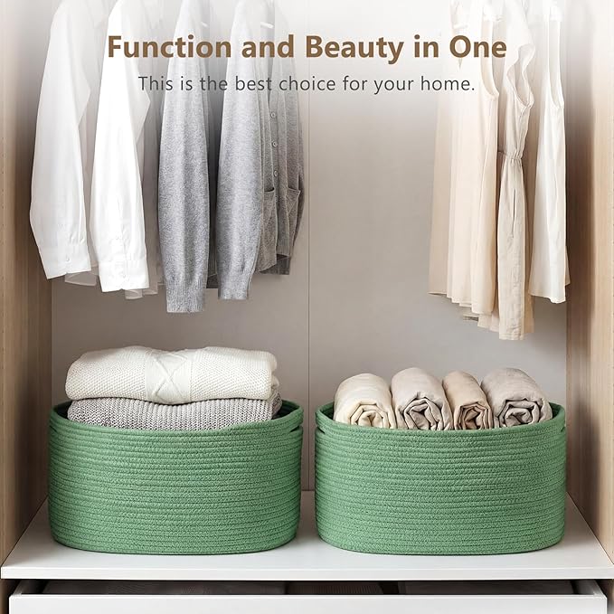 Cotton Rope Storage Basket, 15x10x9 Inches, Woven Basket for Shelves, Clothes, Towels, Books, and Laundry, Green (1 Pack)