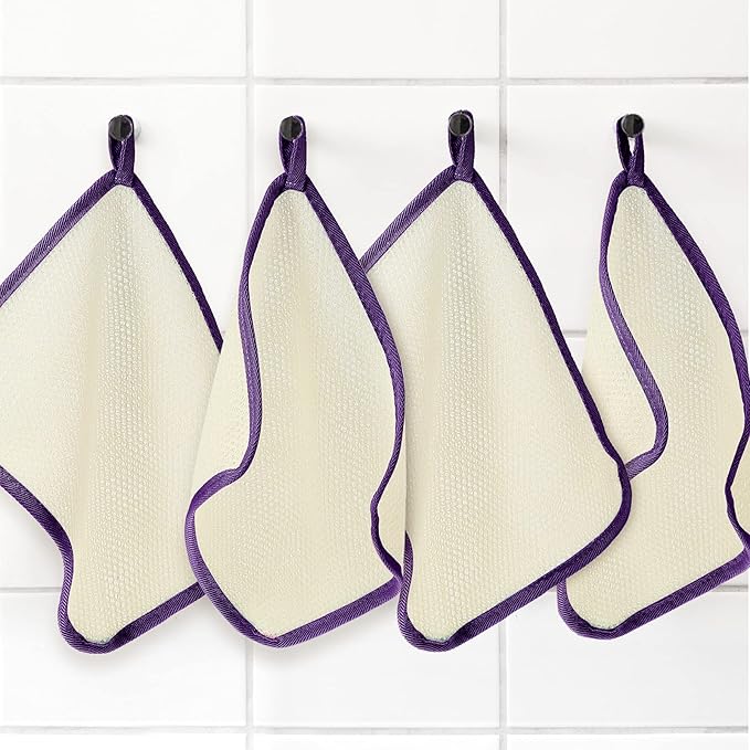 Tatuo 5 Pcs Exfoliating Face and Body Wash Cloths Towel Weave Bath Exfoliating Scrub Massage Bath Cloth for Women and Men, 10.63 x 9.05 Inch (Purple Edge)