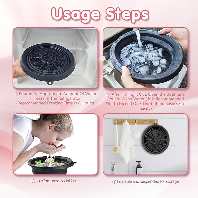 Silicone Face Ice Bath Bowl with Built-In Icetray,Silicone and Foldable Face Tub,Ice Bath Water Chiller,Skin Tightening and Acne Relief for Home & Travel (Black)