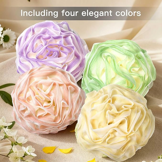 Loofah Sponge 70g, 6.3 Inch Large Exfoliating Bath Sponge, Soft Durable PE Mesh with Reinforced Knotting, Rich Lather Bath Scrubber for Body, for Travel or as a Holiday Gift (4Pack, Green-Beige)
