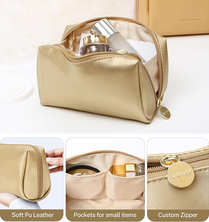 Aveniee Small Travel Makeup Bag, Vegan Leather Cosmetic Pouch for Purse,Wide-open Toiletry Organizer with Dividers & Zipper, Beauty Storage for Women-Gold