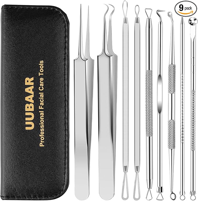 Blackhead Remover Tools, 9PCS Pimple Popper Tool Kit - Stainless Steel Pimple/Comedone Extractor & Tweezers for Acne/Zit Removal, Nose & Face Extraction Tools for Estheticians with Leather Case