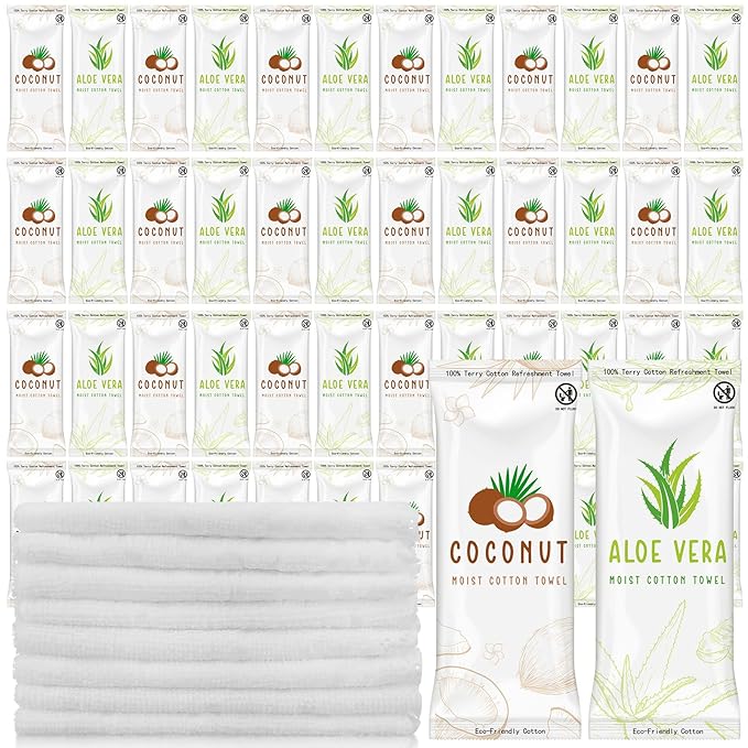 Timgle 50 Pcs Moist Towelettes Individually Wrapped Scented Disposable Face Towels Essential Oil Infused Moist Terry Cotton Towel for Use Hot or Cold Travel Body Spa (Aloe Vera, Coconut)