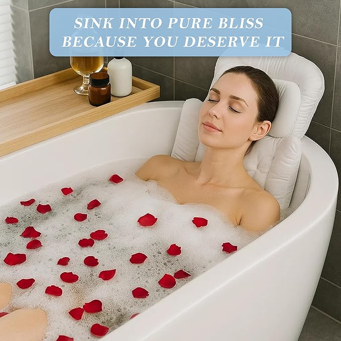 Bath Pillow for Tub 4D Air Mesh Fabric Plush Bathtub Pillow for Neck & Back Support, Hot Tub Pillow with 6 Non-Slip Suction Cups, Spa Pillow for Relaxation and Comfort (Full Body White)