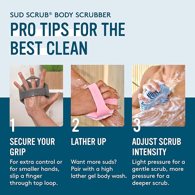 Sud Scrub® Antimicrobial Silicone Body Scrubber, Exfoliating Body Scrubber for Sensitive Skin, Eco Friendly Shower Scrubber for Body, Silicone Body Brush for Showering, Blue