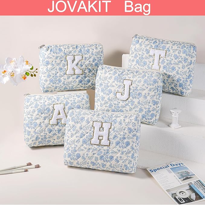 JOVAKIT Alphabet Makeup Bag Cosmetic Bag for Women, Christmas Gifts for Girls Age 6-18, Floral Flowers Coquette Travel Toiletry Zipper Make Up Pouch Organizer Trendy Stuff (2Pcs Blue Floral E)