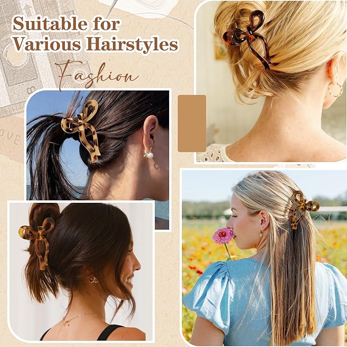 Auseibeely 4 Pcs Bow Claw Clips for Women & Girls, 4.3 Inch Tortoise Shell Cute Bow Hair Clips, Medium Claw Clip for Thick/Thin Hair, Non-Slip Elegant Butterfly Hair Accessories for Gift