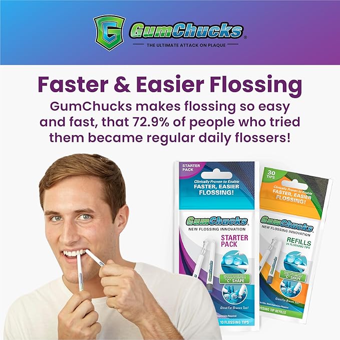 GumChucks Floss for Teeth - Flossing for Kids and Adults - Orthodontic Flossers for Braces - Dental Gum Floss Picks for All Ages (Starter Pack)
