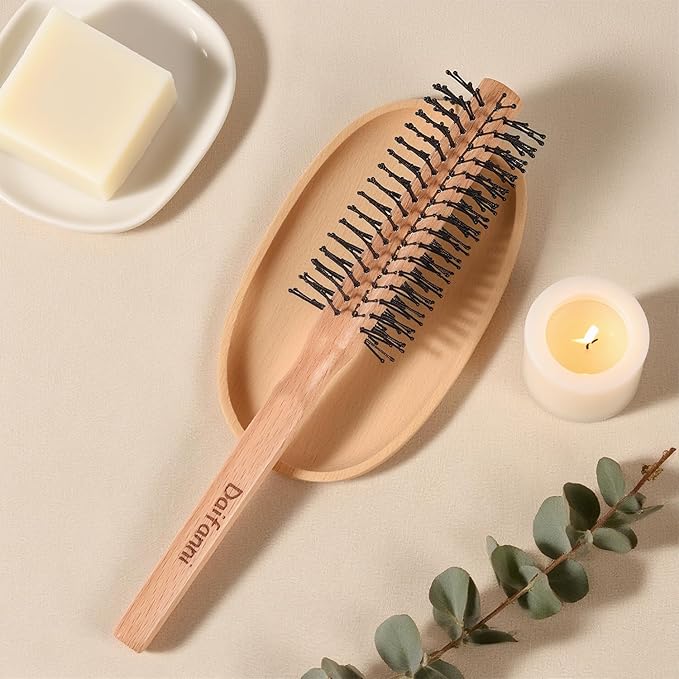 Small Round Brush for Blow Drying, Wooden Handle Roller Brush with Soft Nylon Bristles, Curling Hair Brush for Wet Hair, Bangs, Beard, Styling (Round)