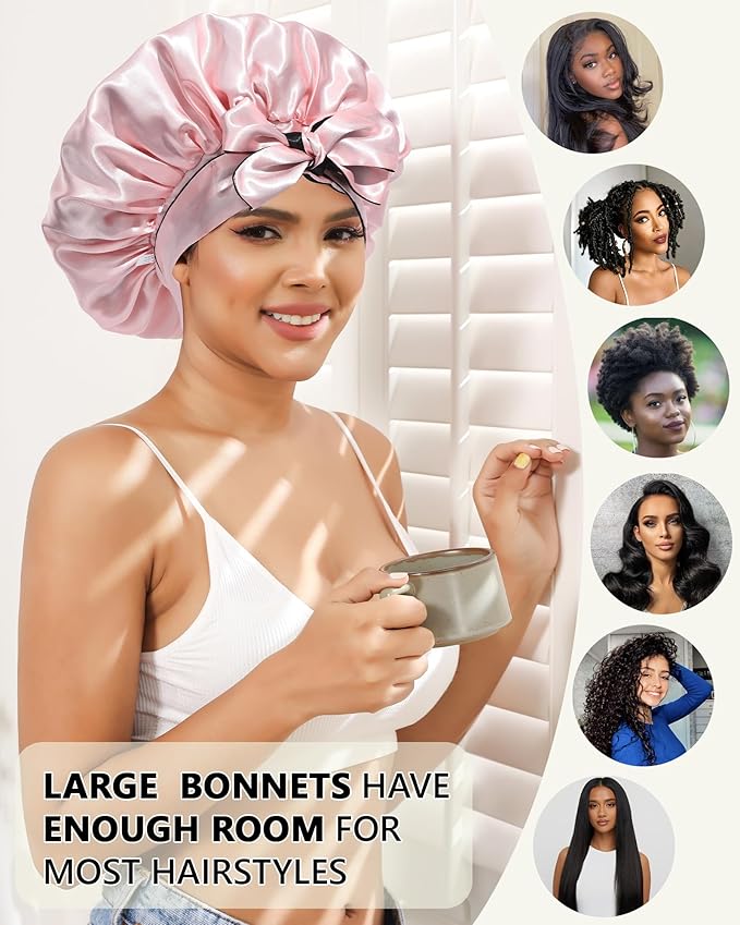 Satin Bonnet Silk Wrap for Sleeping - Reversible Night Cap with Tie Band for Curly Hair (Black + Pink)