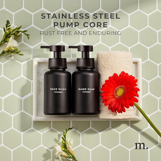 MaisoNovo Glass Foaming Soap Dispenser | Black Glass Black Pumps x 2 with Tray